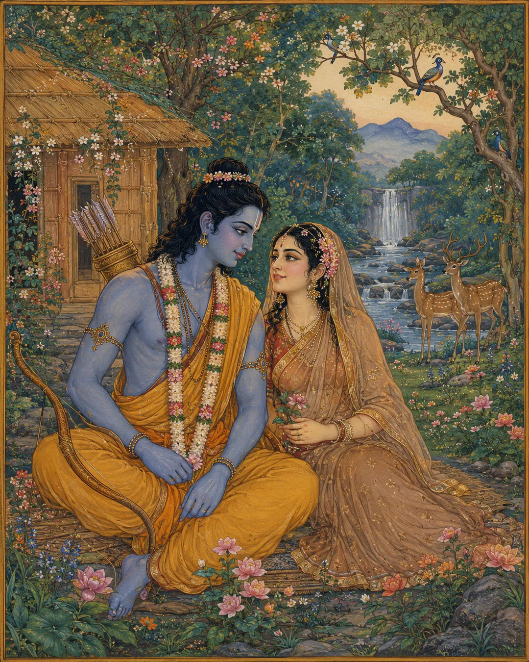 In the serene forest hermitage, Lord Rama and Sita Ma share a moment of pure, divine love. Seated together on a mat amidst blooming flowers,…