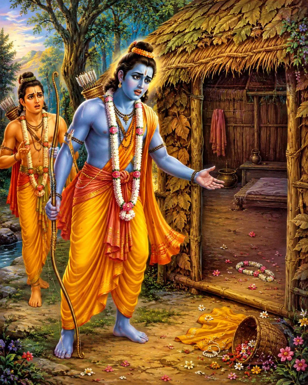 Blue-skinned Ram ji stands outside the thatched hut, his face etched with deep grief. Clutching his bow, he gestures toward the empty interi…