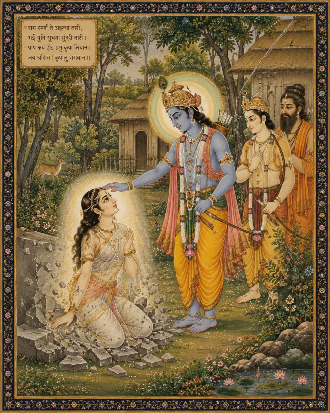 In the quiet forest, Ahalya kneels in humble prayer, her stone form cracking as divine grace enters. Shri Ram, radiant with a golden halo, g…