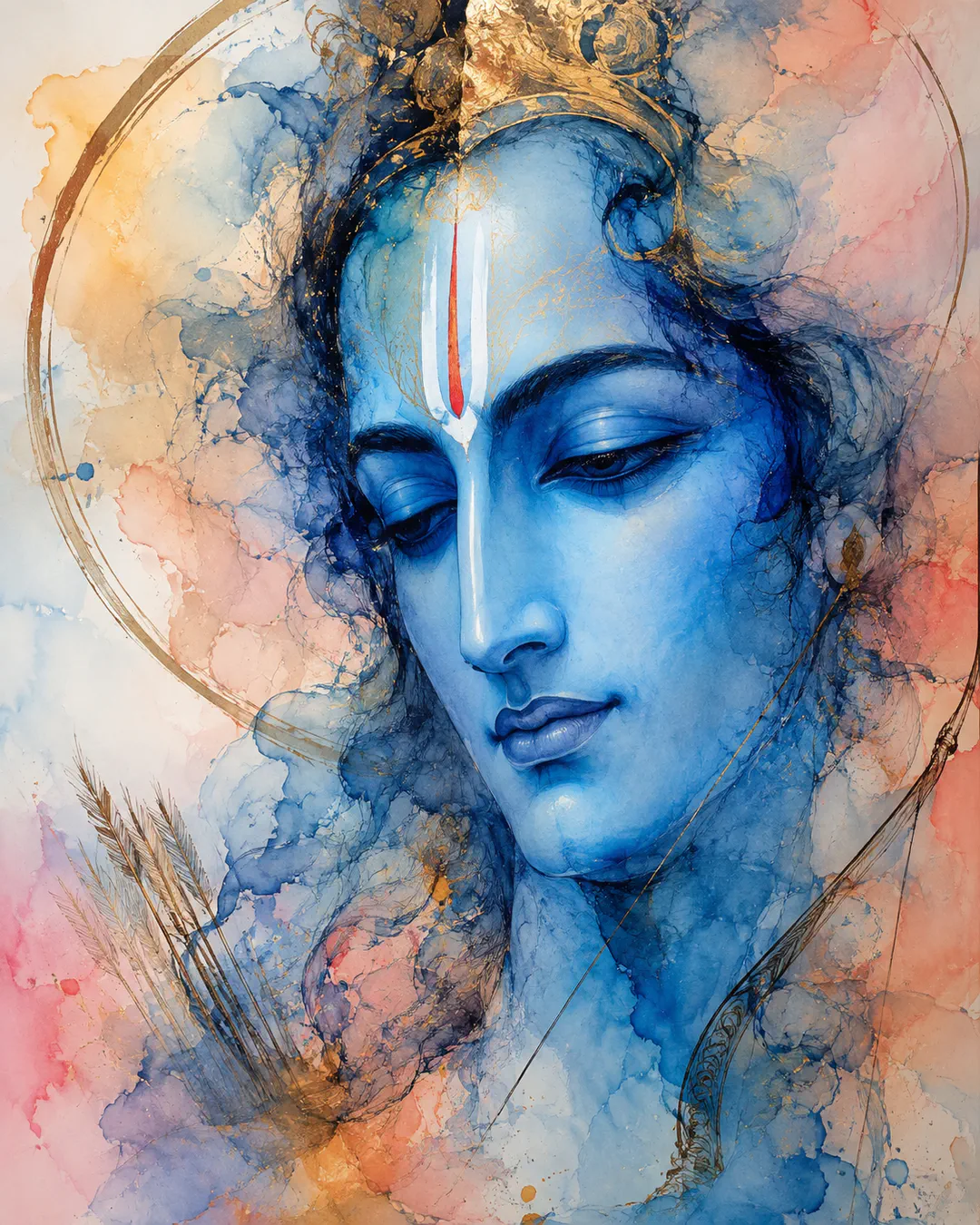 A stunning, ethereal portrait of Lord Ram, rendered in soft watercolor hues of celestial blue and warm gold. His serene, downcast eyes radia…