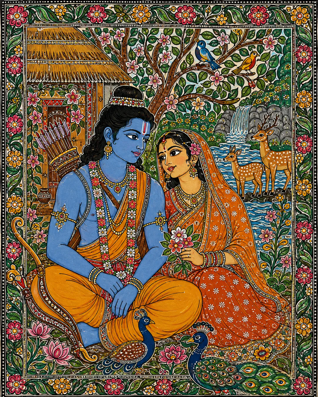 In this vibrant scene, Lord Rama and Sita Ma share a beautiful, serene love within the peaceful forest. Blue-skinned Rama, adorned with a fl…