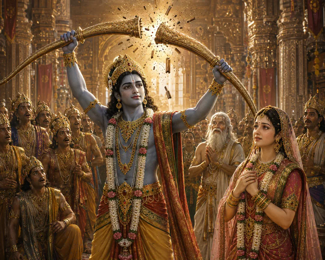 अति लाघवँ उठाइ धनु लीन्हा।
पुनि नभ धनु मंडल सम कीन्हा॥
लेत चढ़ावत खैंचत गाढ़ें।
काहुँ न लखा देख सबु ठाढ़ें॥
तेहि छन राम मध्य धनु तोरा।…