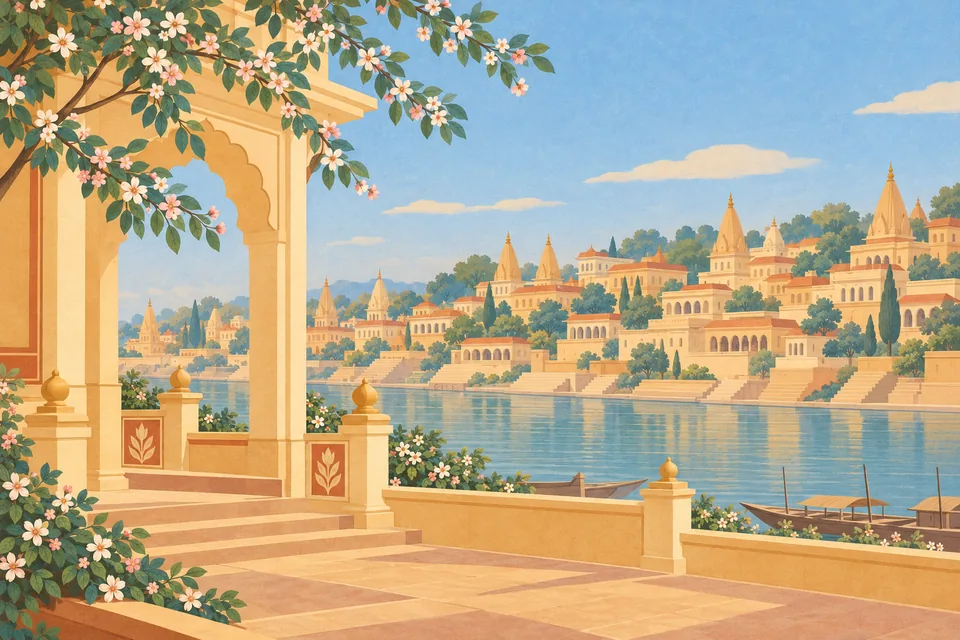 A quiet imagined Ayodhya city of cream and ochre palaces and temples rests beside blue-green water beneath sparse flowering boughs.