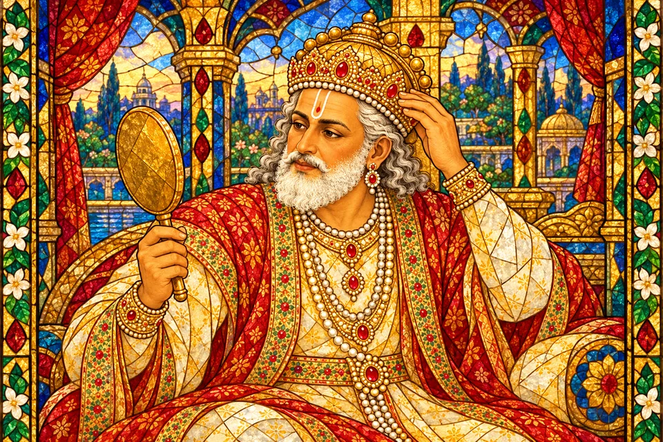 Dasharatha looks toward a hand mirror while gently straightening his own crown, shown in jewel-colored stained glass.