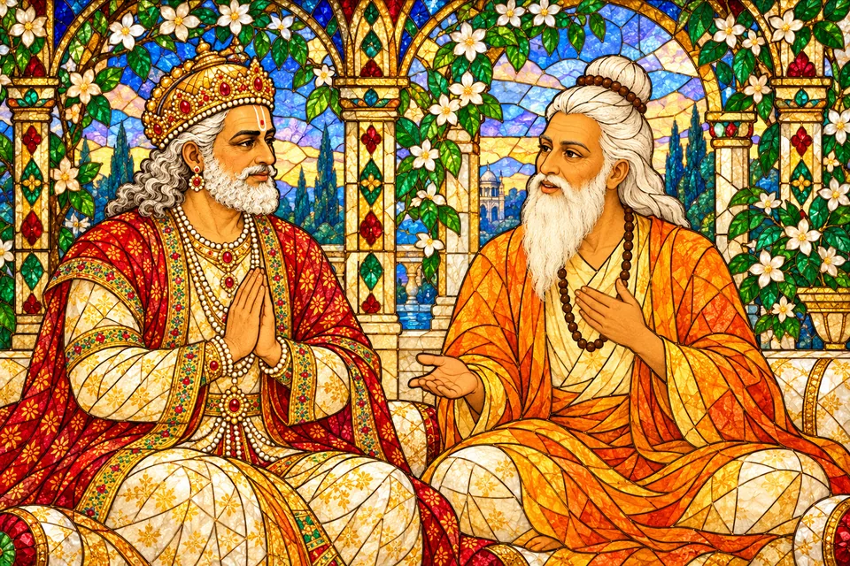 Vasishtha gently invites Dasharatha to state his wish while the king listens with joined hands, in jewel-colored stained glass.