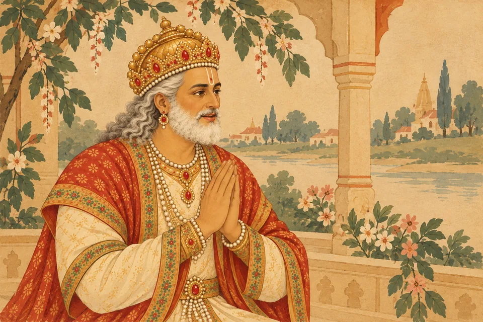 Dasharatha respectfully asks Vasishtha outside the frame to arrange Rama's crown-prince appointment, in a quiet pastoral wash portrait.