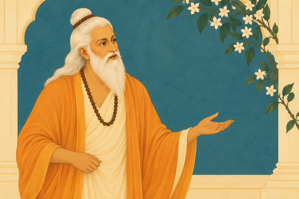 Vasishtha gently instructs attendants outside the frame about Rama's anointing preparations, against minimal cream and teal fields.