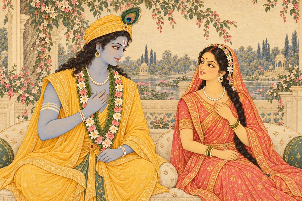 Rama and Sita speak with quiet affectionate hope about Bharata's return, seated apart with their own hands at chest and waist.