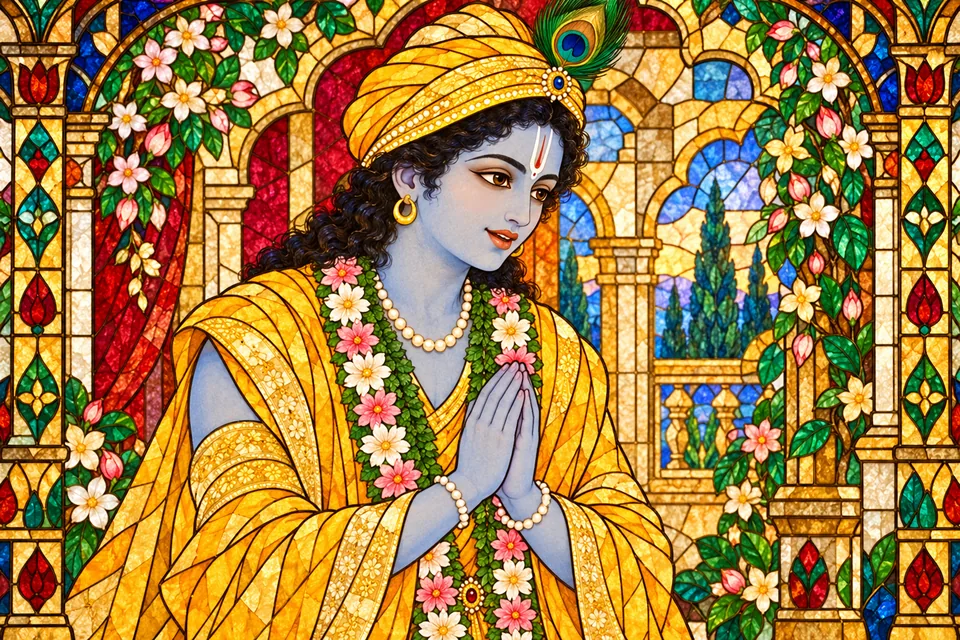 Rama joins his hands and humbly addresses Guru Vasishtha after welcoming him into his home.