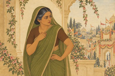 Manthara looks toward the decorated city with inward distress after hearing news of Rama's anointing.