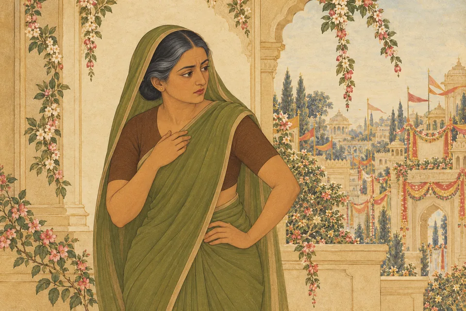 Manthara looks toward the decorated city with inward distress after hearing news of Rama's anointing.