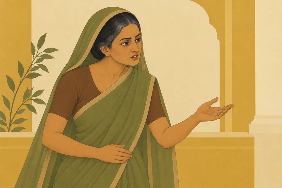 Manthara speaks resentfully to the unseen Kaikeyi in a quiet palace alcove.