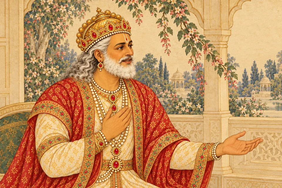 Dasharatha speaks joyfully toward Guru Vasishtha outside the frame, with one hand at his heart and one low open palm.