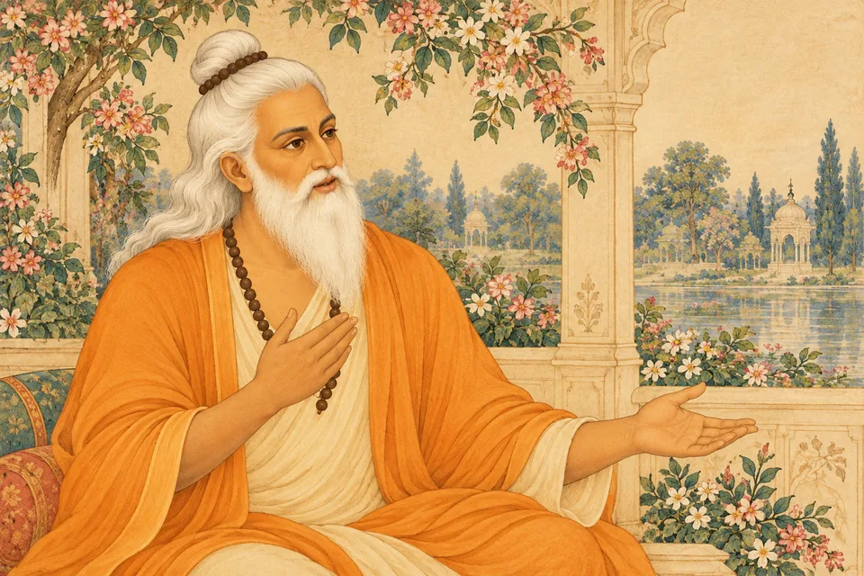Vasishtha gives prompt, kind counsel toward Dasharatha outside the frame, with one low open speaking palm.