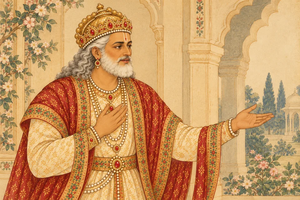 Dasharatha gives a purposeful open-palm instruction to attendants outside the frame to follow Vasishtha's preparations for Rama's anointing.