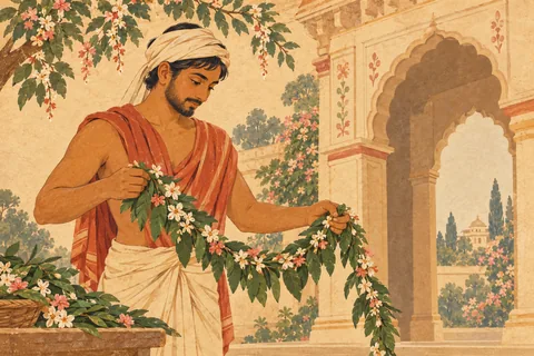 An unnamed palace decorator holds a leafy-floral toran garland, beginning his assigned decoration work in a quiet pastoral wash scene.