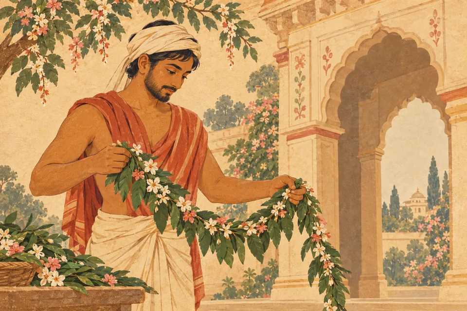 An unnamed palace decorator holds a leafy-floral toran garland, beginning his assigned decoration work in a quiet pastoral wash scene.