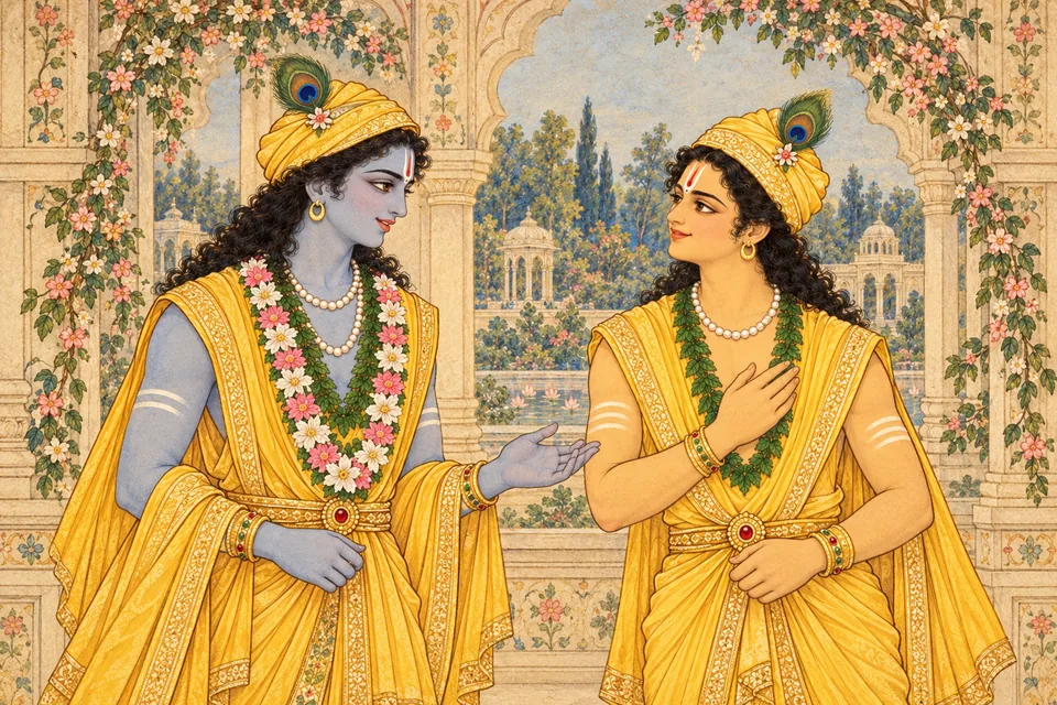 Rama warmly welcomes joyful Lakshmana with affectionate words at a palace entrance.