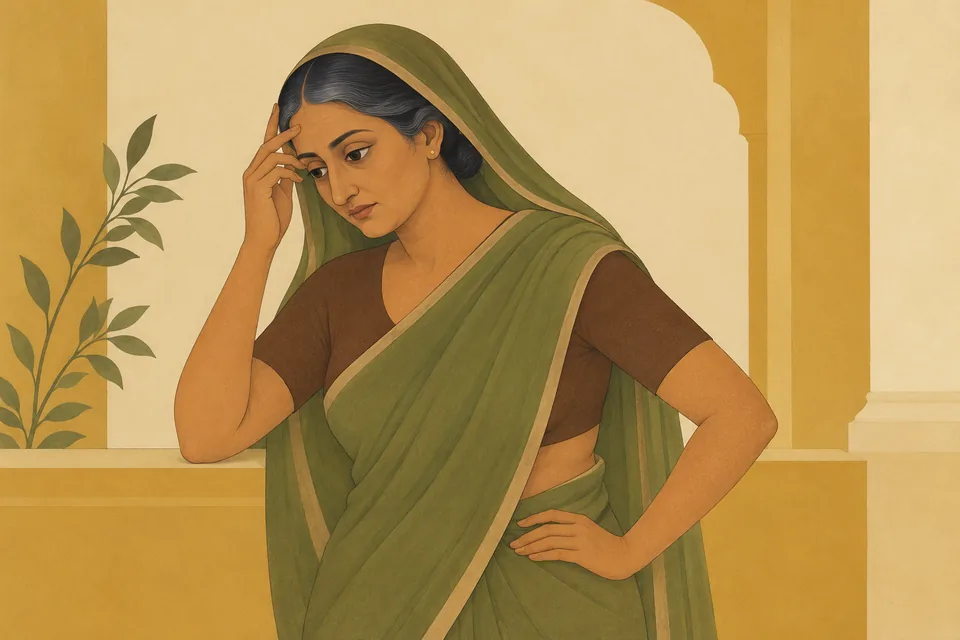 An imagined Manthara, Kaikeyi's maid, stands thoughtfully with one hand at her temple after her thinking is altered.
