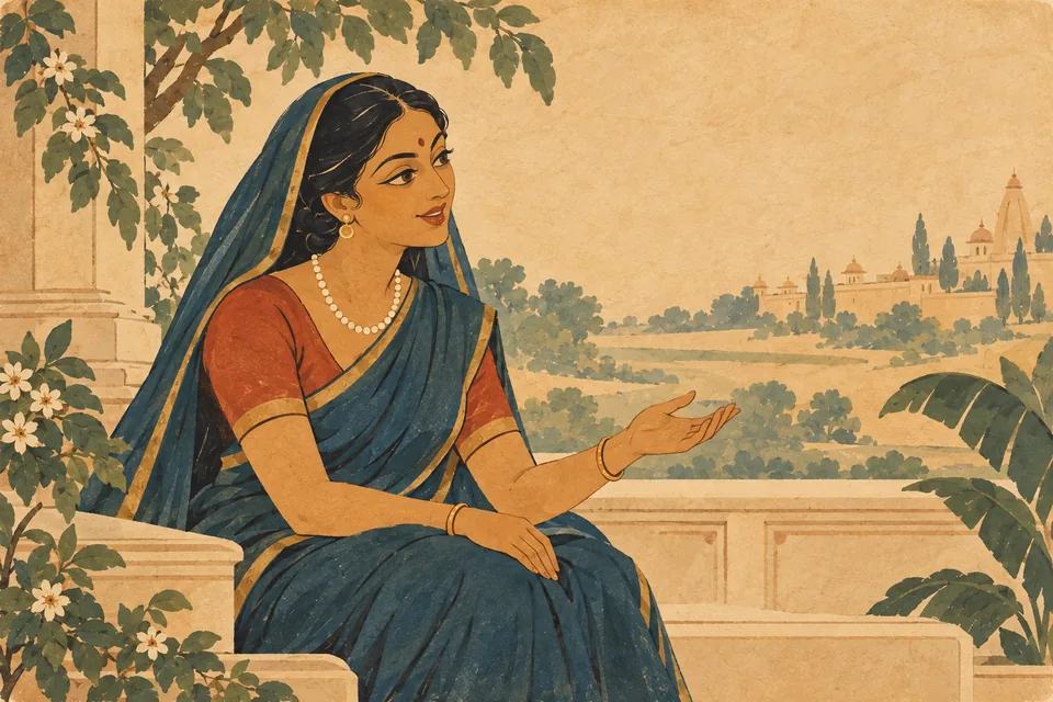 An imagined Kaikeyi smiles while addressing Manthara, who is outside the portrait.