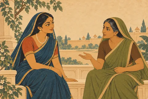 Kaikeyi listens trustingly to Manthara's sweet words in an imagined palace conversation.