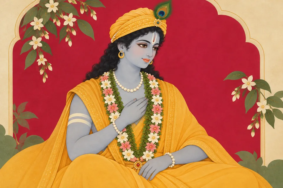 Rama sits with a quiet steady expression, one hand at his heart and one at his waist, against restrained matte cream and sage fields.