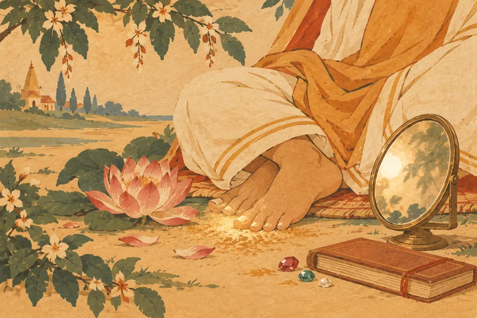 An unnamed guru’s feet beside a lotus, luminous dust, clear mirror and gems, symbolizing spiritual clarity.