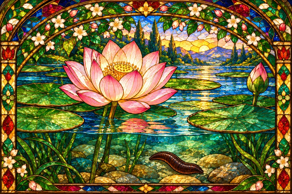 A lotus above calm water and a small leech below it, symbolizing different qualities arising in the same environment.