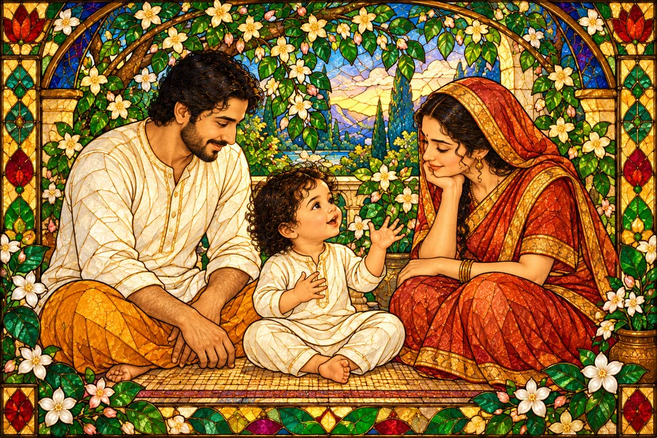 Unnamed parents listen affectionately to their child, illustrating the poet’s comparison of humble words to a child’s babbling speech.