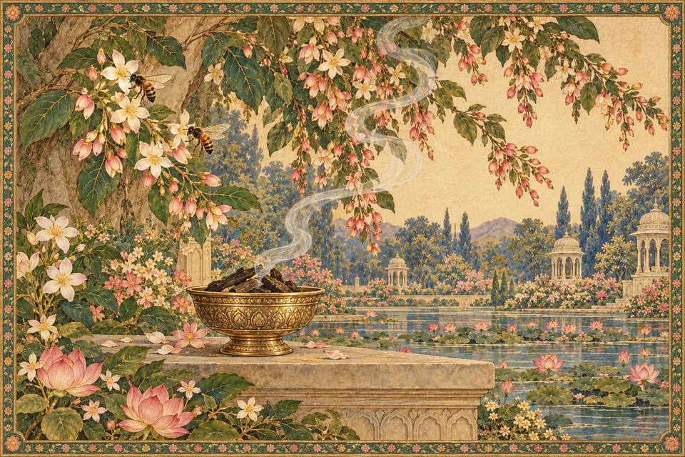 Fragrant agarwood smoke rises beside two bees on flowers, illustrating comparisons of good association and gathering virtues.