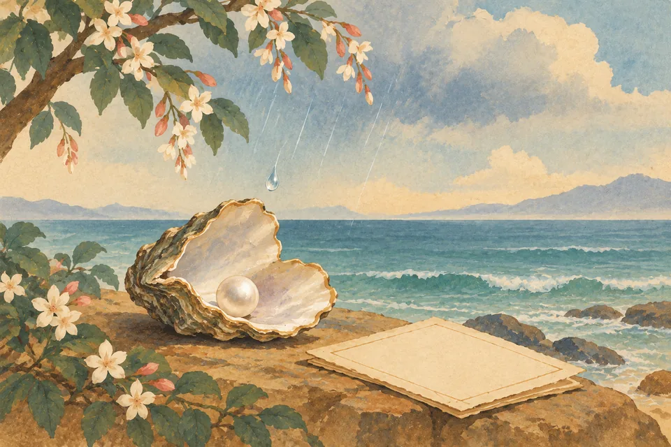 An open shell holds a pearl beside a calm ocean and blank folio, symbolizing thought becoming pearl-like poetry.