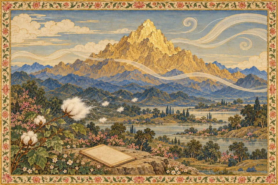 Windblown cotton in front of a vast mountain expresses the poet's comparison of limited capacity with Rama's greatness.