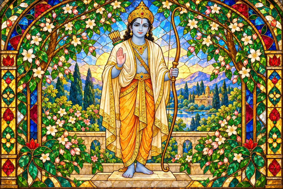 A serene devotional portrait of Rama with bow and blessing hand evokes the passage's praise of his compassion.