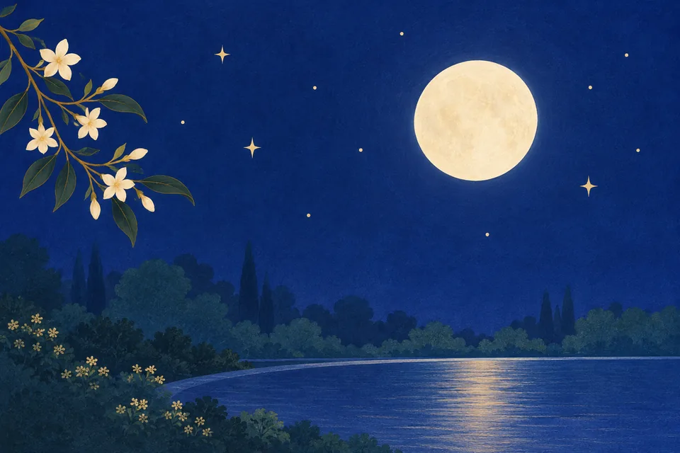 An ivory moon and quiet stars over a blue garden illustrate poetry beautified by grace like a moonlit night.