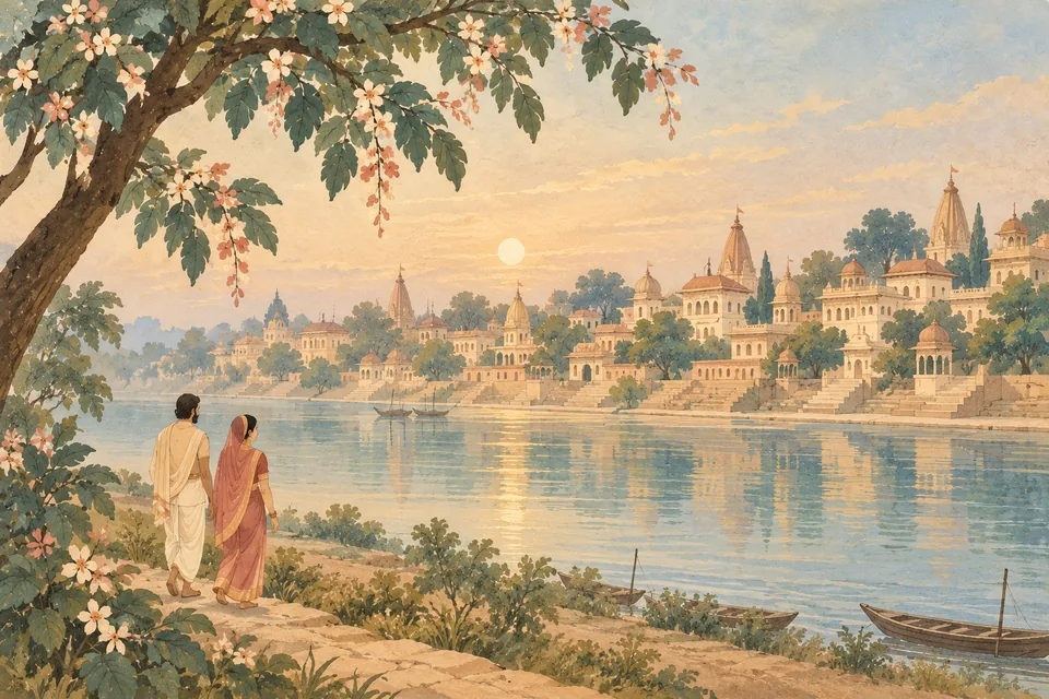 Two unnamed townspeople look toward an imagined ancient Ayodhya across the peaceful Sarayu.