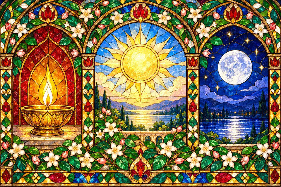 Three stained-glass panels show a lamp flame, sun and moon, evoking the opening praise of Rama's name.