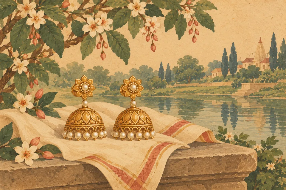 Paired floral jhumka earrings evoke the Name's two syllables as devotion's ear ornaments.