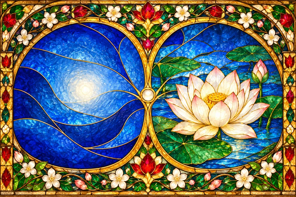 Equally luminous abstract and lotus glass fields share a golden connection, an artistic response to the Name as interpreter.