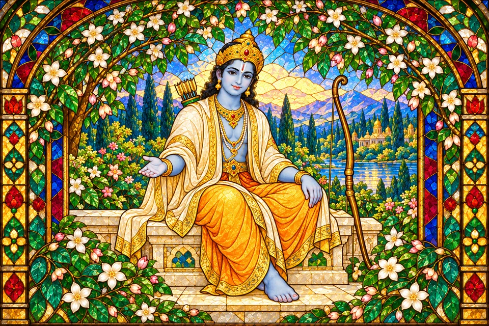 Rama's open welcoming hand evokes the passage's praise of compassionate care and pure love.
