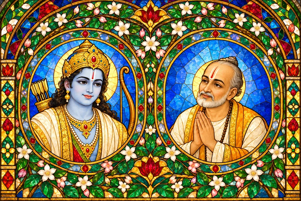 Separate medallions of Rama and a humble poet evoke compassionate recognition of devotion.
