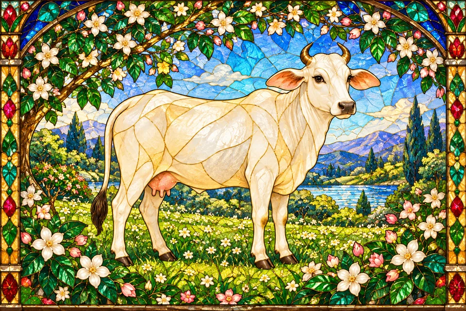 A gentle cow in a flourishing meadow evokes the passage’s wish-fulfilling cow comparison.