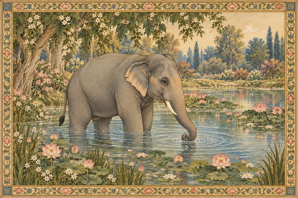 A gentle elephant in clear water evokes the mind-elephant finding relief in the story-lake.