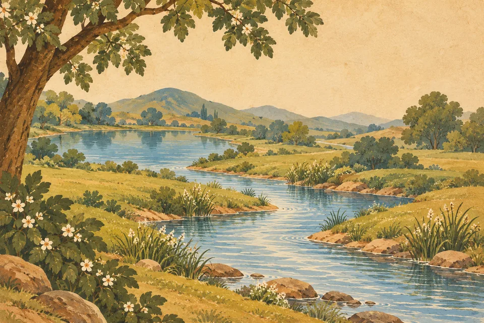 A clear river flows from an imagined lake between two meadow banks, evoking the joyful river of poetry.