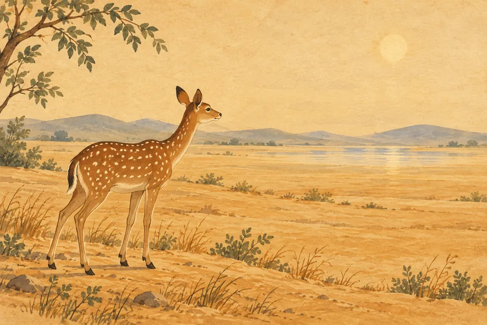 A deer faces a faint mirage across dry ground, evoking the passage’s comparison to unfulfilled worldly thirst.