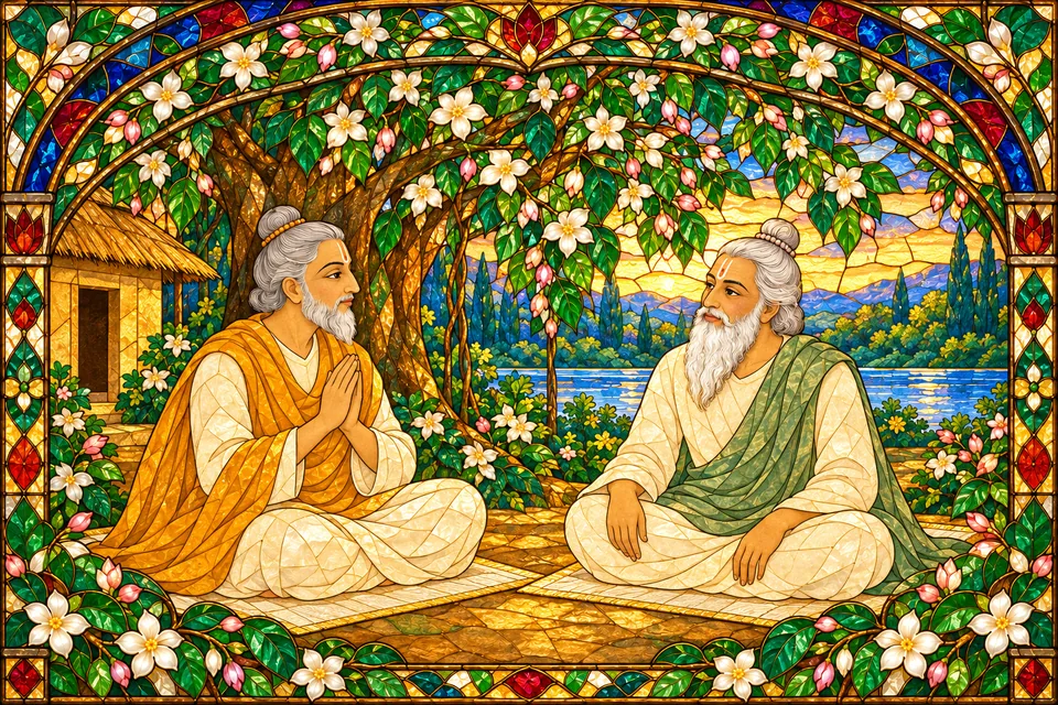 Bharadvaja begins his inquiry while Yajnavalkya listens, after the welcome described in the passage.