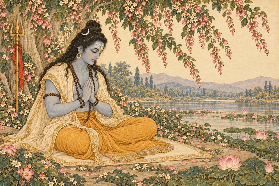 An iconic image of Shiva in inward devotion evokes the passage’s statement that he continually chants Rama’s Name.