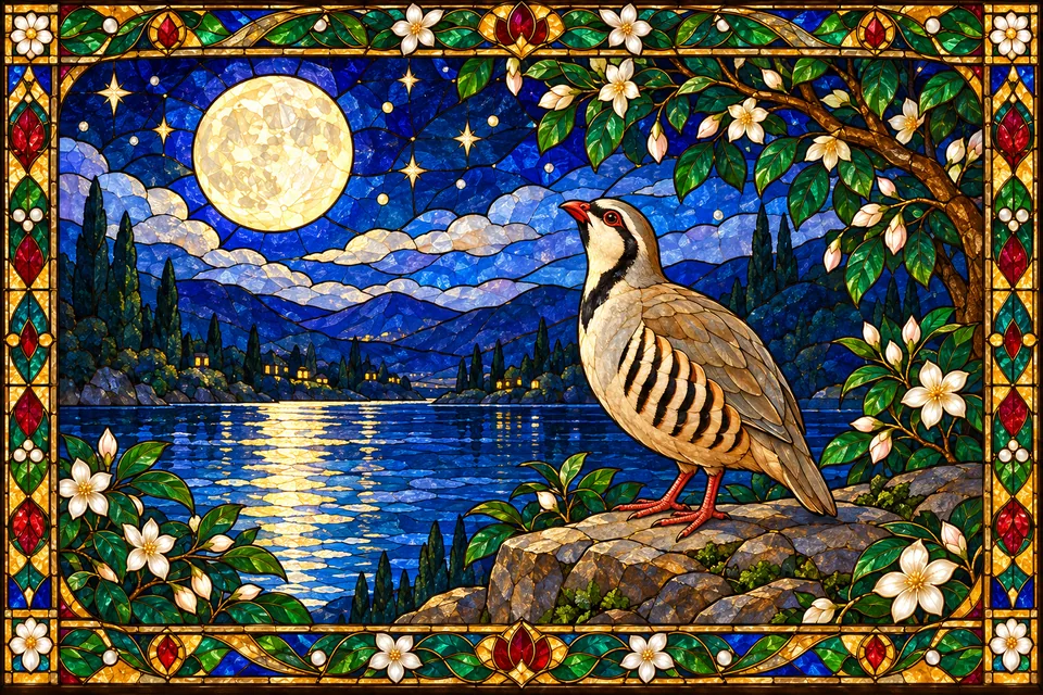 A chakora-like bird faces the moon, evoking the comparison of saints listening to Rama’s story.