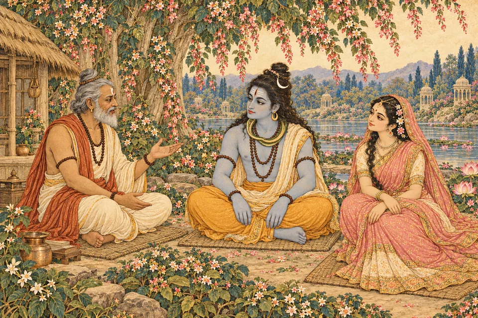 Shiva and Sati listen to sage Agastya recount Rama's story beneath flowering trees.