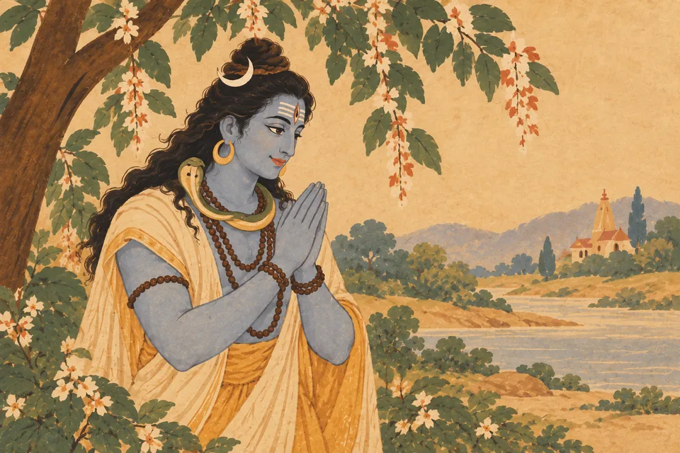 Shiva joins his hands in reverent pranam while beholding Rama outside the frame.