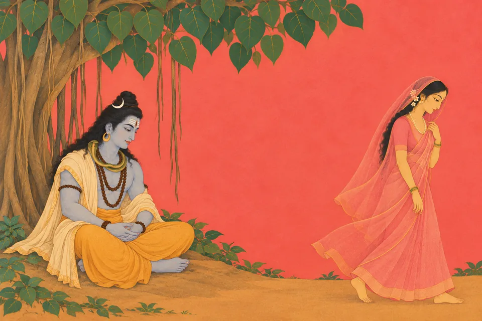 Shiva waits beneath a banyan while Sati departs thoughtfully to test Rama.